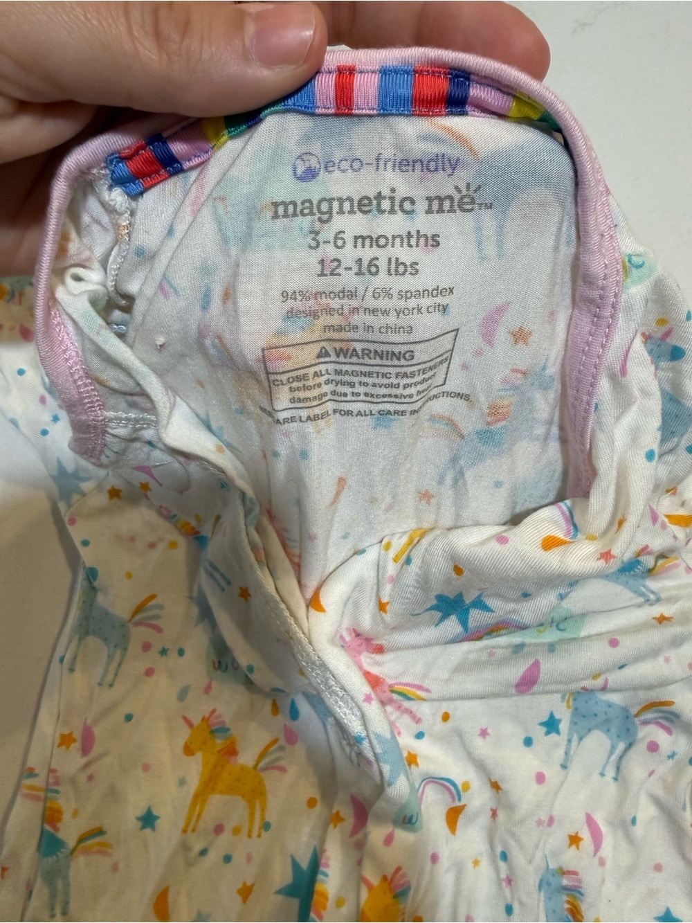 Magnetic Me Baby Romper in White with Rainbow Unicorns